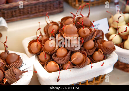 Famous street market near Barcelona Cathedral in Las Ramblas, home-made sweets, truffles and chocolate on sale Stock Photo