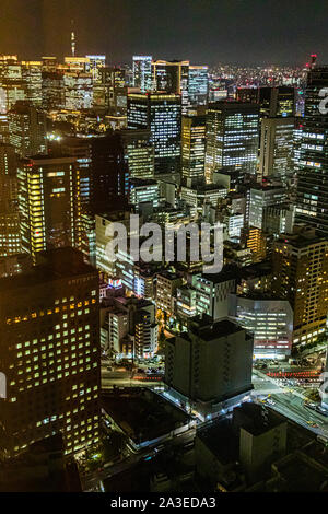 Tokyo's skyline stretches out at night beneath a dark sky, seen from an elevated vantage point in Minato, Japan. A slender radio mast rises above the densely built city on the horizon to the left. Thousands of lit windows form an irregular pattern across the building facades. Stock Photo