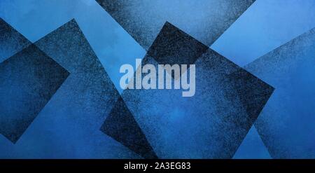 Abstract blue background with black geometric square shapes layered in random pattern, elegant dark blue and black wallpaper design that is modern and Stock Photo