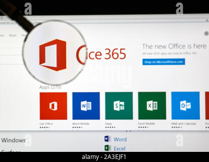 MONTREAL, CANADA - MARCH 9, 2016 - Microsoft Office application under magnifying glass. Microsoft Office is one of the famous MIcrosoft's product. Stock Photo