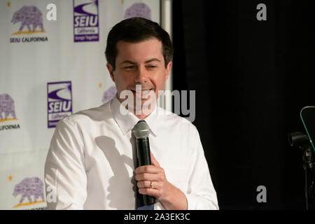 South Bend, Indiana, Mayor Pete Buttigeig speaks at a Service Employees International Union candidates forum in San Francisco on June 1, 2019. Stock Photo