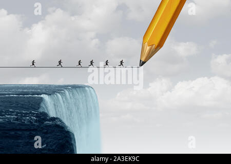 Business trust concept drawing a bridge and conquering adversity as a group of people running from a waterfall with the help of a pencil line sketch. Stock Photo