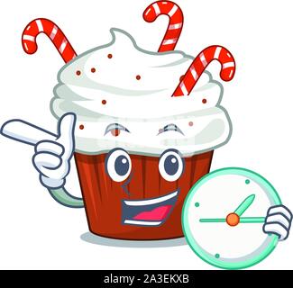 With clock christmas cupcake served on cartoon plate Stock Vector