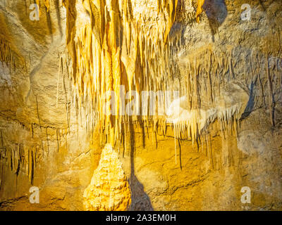 TASMANIA, AUSTRALIA - FEBRUARY 24, 2019: Detail of stalactites in Marakoopa Cave in Mole Creek Karst National Park in Tasmania, Australia. Stock Photo