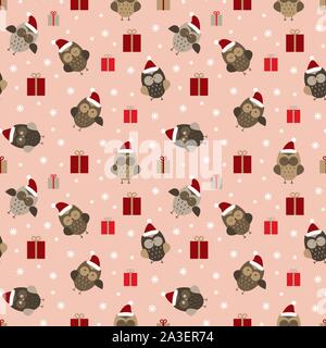 Cristmas seamless pattern with owls. Simple drawn woodland birds in red hats with snowflakes and presents on pink background. Vector illustration. Stock Vector