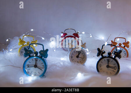 Happy New Years 2019. Winter celebration with alarm clock. Abstract Christmas composition. Stock Photo