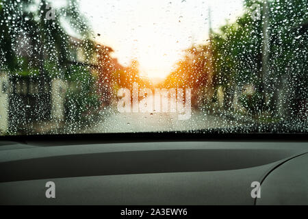 poor vision raindrops on car glass in rainy days Stock Photo