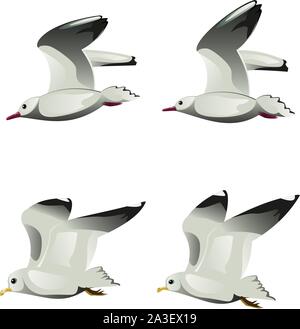 Abstract cartoon flying seagulls illustration on white background. Stock Vector