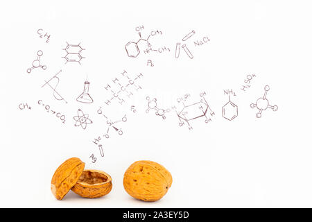 Concept of the phrase chemistry in a nutshell. Chemical formulas and symbols drawn on white paper with walnuts Stock Photo