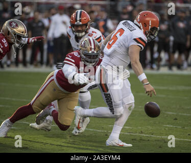 Santa Clara, California, USA. 17th Nov, 2019. San Francisco defensive  tackle DeForest Buckner (99)San Francisco 49ers defensive end Arik Armstead  (91) celebrate there take down of Cardinals quarterback Kyler Murray during  the