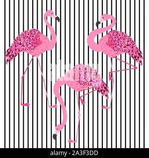 Vintage style animalistic design with pink flamingo over striped background. Stock Vector