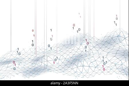 Abstract digital landscape 3D blue background. Information code flow data analysis concept. Modern grid mesh scape particle connected dots vector Stock Vector