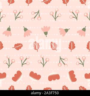 Abstract autumn flowers and leaves in rows seamless vector doodle pattern pink orange red green. Stylized nature repeating pattern in fall colors Stock Vector