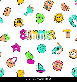 Summer cartoon character. Seamless pattern background. Summertime travel vector illustration. Stock Vector