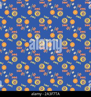 Fun multicolor hand drawn candy and lollipops in bright and transparent rows. Seamless geometric vector pattern on blue background. Great for food Stock Vector