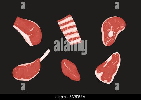 Set of uncooked meats cuts. Vector Illustration. Black background. Stock Vector