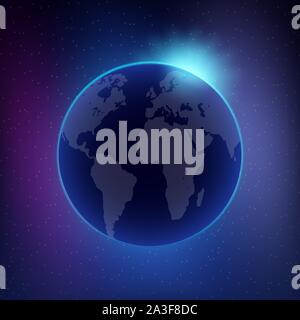 Dawn from space. Dawn from space. Rising sun behind the earth. Vector stock illustration. Stock Vector