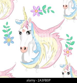 Seamless pattern with unicorns, moon, flovers, clouds and stars. Baby background. Stock Vector