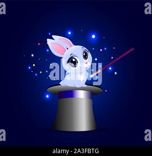 Bunny in magic hat with wand on blue sparkling glow background. Cute rabbit sitting on magician cylinder top hat. Circus poster, banner, concept with Stock Vector