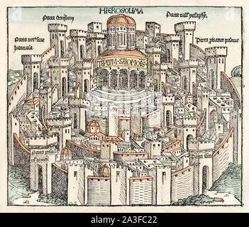 Jerusalem, woodcut by Michael Wolgemut (1434–1519) from 'Liber Chronicarum' (aka Nuremberg Chronicle) by Hartmann Schedel (1440-1514) showing the old walled city with the first Temple of Solomon before its destruction by the Babylonian invasion in 586 BCE. Photograph from 1493 first edition in Latin published in Nuremberg, Germany and hand coloured. Stock Photo
