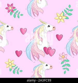 Seamless pattern with unicorns, moon, flovers, clouds and stars. Baby background. Stock Vector