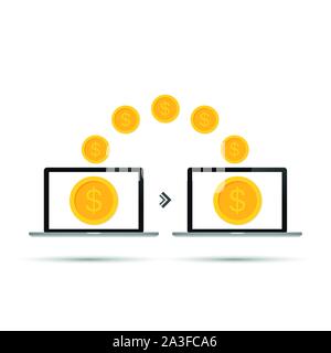 Money transfer transaction between device laptop. Online payment concept. Vector stock illustration. Stock Vector