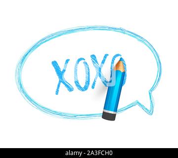 Speech bubble paint with pencil. Hand drawn banner with doodles of crayon and written short message. Sketch cloud and quote, blue lines stroke and scr Stock Vector