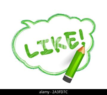 Pencil sketch of speech bubble. Hand drawn doodles with crayon and written short message Like. Banner cloud shape with quote, blue lines stroke and sc Stock Vector