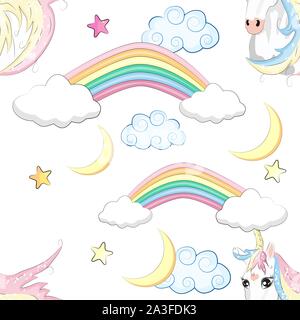 Seamless pattern with unicorns, moon, flovers, clouds and stars. Baby background. Stock Vector