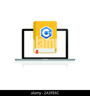 Programming book C plus plus on laptop screen. Vector stock illustration. Stock Vector