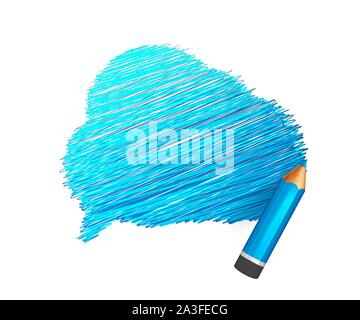 Hand drawn speech bubble paint with pencil on white background. Banner with doodles of blue crayon and place for message. Sketch cloud, colorful lines Stock Vector