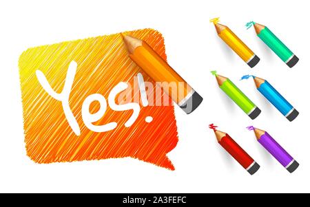 Banner paint with pencils. Hand drawn orange speech bubble with doodles, set of colorful crayons and written short message. Sketch cloud and quote, li Stock Vector