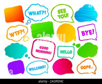 Hand drawn doodles speech and thought bubbles with quotes. Set of banners on white background. Set of colorful sketch clouds, multicolored lines strok Stock Vector