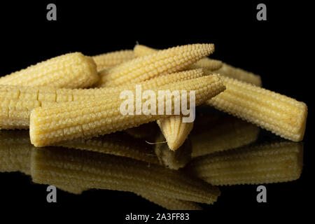 Lot of whole baby yellow corn isolated on black glass Stock Photo