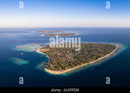 Aerial view of the three Gili island, Meno, Air and Trawangan off the coast of Lombok in Indonesia Stock Photo