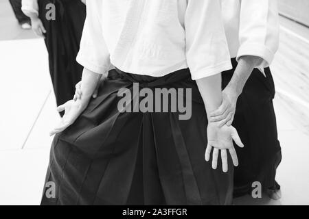 Participants in the training in the special clothing of aikido hakama work out the movements Stock Photo
