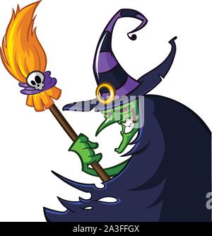 Halloween ugly witch in a hat with a broom on white isolated background. Vector illustration Stock Vector