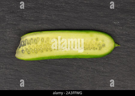 One piece of mini green cucumber flatlay on grey stone Stock Photo