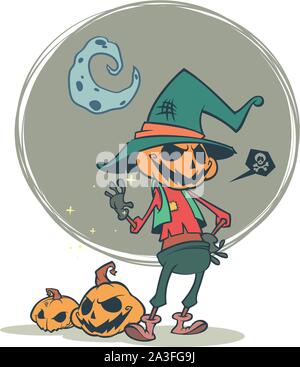Halloween scary pumpkin head scarecrow, vector postcard for Halloween holiday Stock Vector