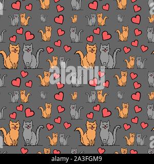 Cat couple in hearts, seamless pattern. Colorful outline on grey background. Picture can be used in greeting cards, posters, flyers, banners, logo, further design etc. Vector illustration. EPS10 Stock Vector