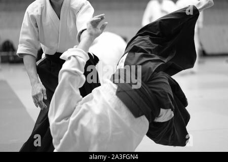 The participants of the training in special clothes of aikido hakama work out the methods of single combat Stock Photo