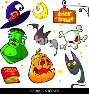 Set of Halloween pumpkin and attributes icons. Witch cat, pumpkin, skull, witch hat, frankenstein, book of spells, trick or treats sign and bat Stock Vector