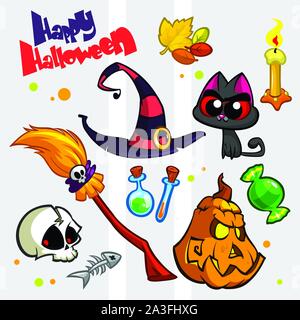 Vector set of Halloween pumpkin and attributes icons. Witch cat, pumpkin head, skull, witch hat, poison bottle, broomstick, big candy, candle and fish Stock Vector