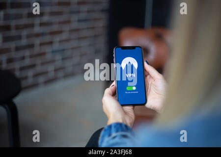Virtual private network app on the phone Stock Photo