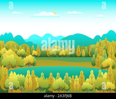 Hills and mountains landscape in flat style design. Valley background panorama countryside illustration. Beautiful green field, meadow, mountains and Stock Vector