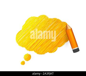 Pencil and hand drawn speech bubble on white background. Banner with doodles of yellow crayon and place for message. Sketch cloud, colorful lines stro Stock Vector