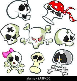 A collection of vector cartoon skulls in various styles. Skull icons. Halloween elements for party decoration Stock Vector