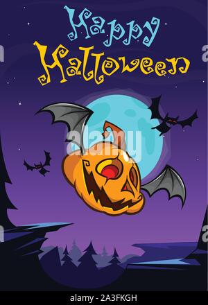 Cartoon Halloween flying pumpkin isolated on dark night background with a big full moon behind. Vector banner or poster for party Stock Vector