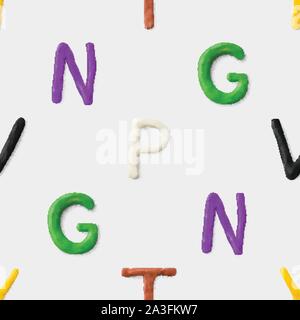 Seamless pattern with alphabet. Handmade modeling clay letters. Realistic 3d vector lettering background. Stock Vector