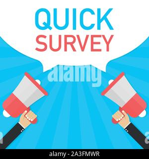 Male hand holding megaphone with Quick survey speech bubble. Banner for business. Vector stock illustration. Stock Vector